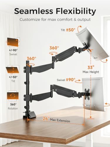 suptek Dual Monitor Arm Desk Mount for 17-49 Inch Ultrawide Monitors, Heavy Duty Dual Monitor Mount Holds 44 lbs, Full Motion Gas Spring Vertical Stacked Monitor Mount, 75/100 VESA Mount, Black