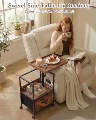 Faesun Night Stand with Charging Station & Swivel Tray Top, Brown