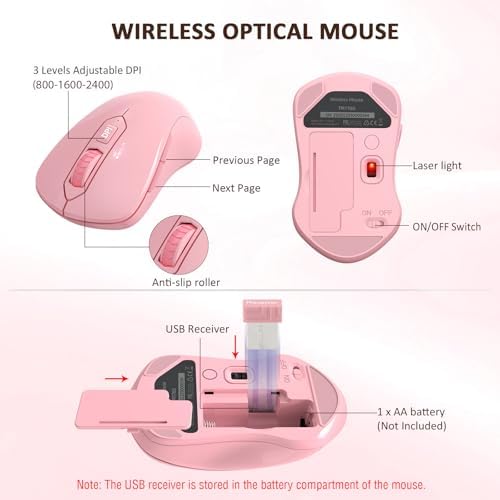 EDJO Wireless Keyboard and Mouse Combo, USB Plug & Play (Pink)