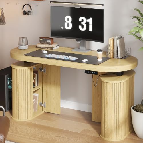 Electric Standing Desk with Storage, 55" Mid Century Modern Sit Stand Desk