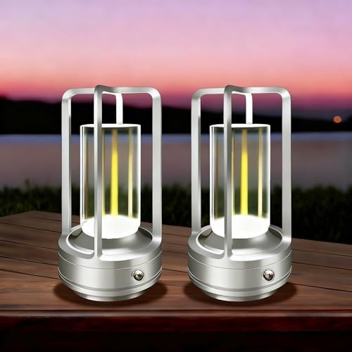Set of 2 Cordless Table Lamps, LED Rechargeable Table Lamp with 3 Color Stepless Dimmable, Indoor/ Outdoor Table lamp for Patio/ Camping/ Bar/ Coffee/ Restaurant/ Home(Silver 2 Pcs)