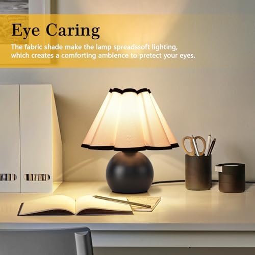 Matte Black Small Bedside Mini Table Lamp for Bedroom, Cute Bedroom Lamps for Nightstand, Cute Mini Table Lamps for Small Spaces with Scalloped Shade for Kitchen Counter, Bookshelf, Kids Dorm, Office