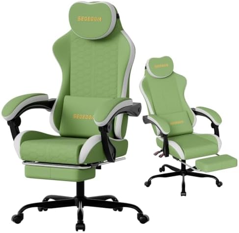 Honeycomb Embossed Gaming Chair with Footrest & Massage Lumbar Support, Adjustable Ergonomic Office Chair for Adults, 300 lbs (Green White)
