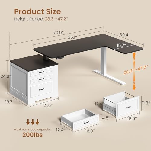 SEDETA Farmhouse L Shaped Electric Standing Desk, 70.9" x 39.4" Height Adjustable Office Executive Desk with 3 Drawers, Standing Computer Desks with Power Outlet for Home Office, White
