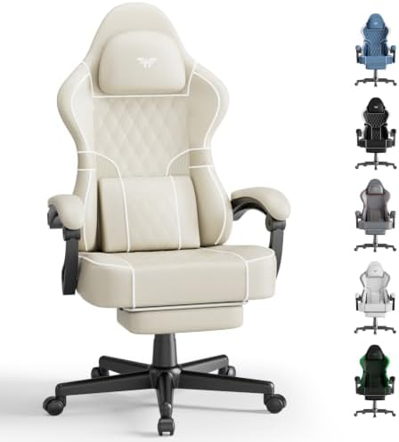 Soontrans PU Leather Gaming Chair with Massage Lumbar Cushion & Footrest