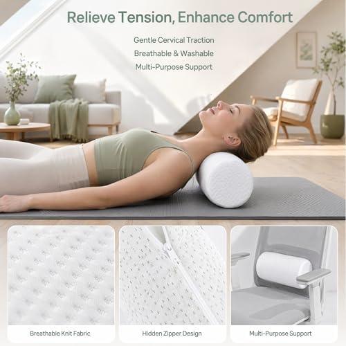 Memory Foam Neck Roll Pillow for Cervical Support & Pain Relief, Breathable Round Cylinder Bolster for Side/Back Sleepers, Ergonomic Sleeping Pillow for Bed & Travel, 15.7 * 6 * 6 inch (White)