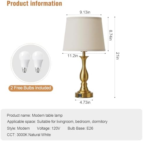 Bedside Table Lamp Touch Control Bedroom Lamps with USB A and C Charging Port 3 Way Dimmable Touch Lamps for Nightstand Living Room Bedroom Dorm Home Office Reading, Set of 2