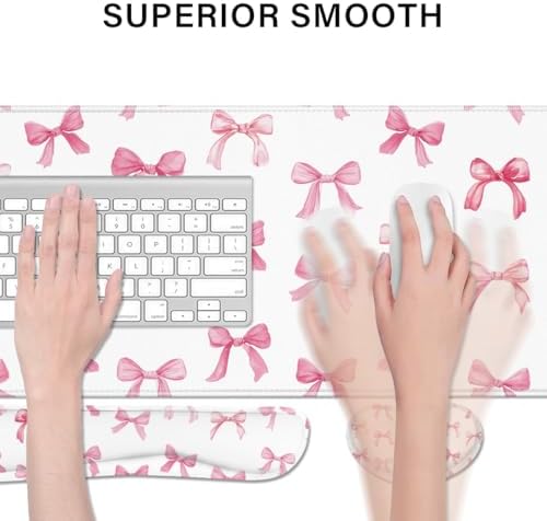 Desk Pad and Keyboard Wrist Rest, Large Mouse Pad + Keyboard Pad+Mouse Wrist Support, Non-Slip Desk Mat Protector for Office, Home 31.5×11.8 Inches Pink Bow