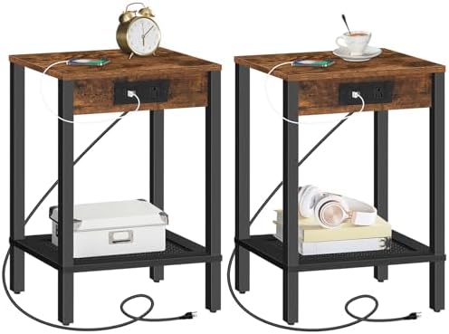 HOOBRO Side Tables Set of 2 with Charging Station, 2-Tier Small End Tables