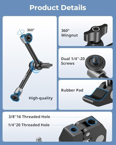 SMALLRIG Magic Arm Clamp w/ 1/4 and 3/8 Thread Holes, 9.8 Inches Adjustable