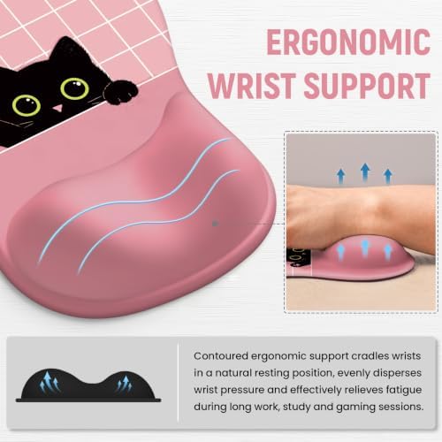 Ergonomic Mouse Pad with Wrist Rest, Gel Wrist Support, Pink Cat