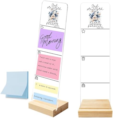 Sticky Note Holder, Monitor Memo Board, Acrylic Post It Note Holder with Wooden Base, Includes 100 Notes, Desk Organizer, Christian Quote “God is The Strength of My Heart and My Portion Forever”