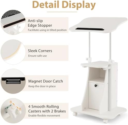 Tangkula Mobile Laptop Podium, Height Adjustable Sit to Stand Desk with Tilting Desktop & Storage Cabinet, Ergonomic Rolling Lectern Cart Laptop Desk, Office Podium Stand on Wheels