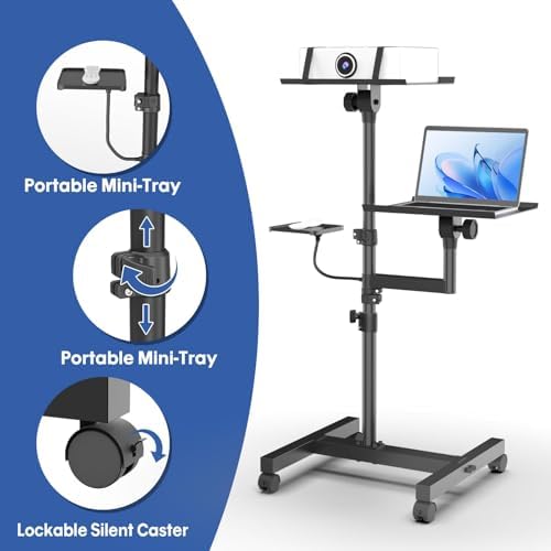 Projector Stand, 2 Shelves Mobile Laptop Cart with Adjustable 47" Height
