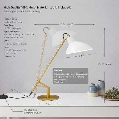 Desk Lamp Modern Industrial 100% Metal Adjustable Table Lamp 24", Natural Light (4000K) with Dimmer, Ideal for Office Bedroom Study Room Living Room Nightstand Bedside Lamps White+Brass