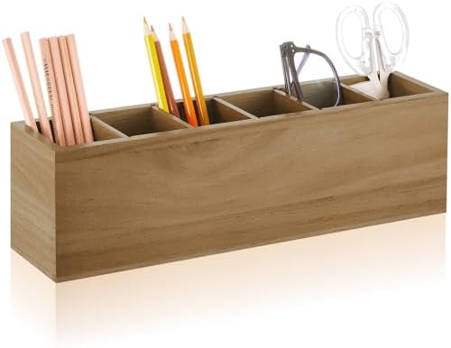 Jetec Wooden Pencil Pen Holder for Desk, Wood Color, 6 Compartments