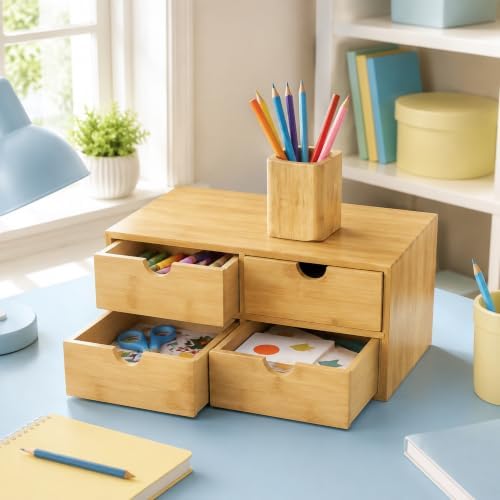 Bamboo Desk Organizer with Drawers, 4-Drawer Wooden Desk Organizer Box