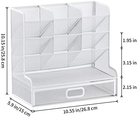 Marbrasse Mesh Desk Organizer - Multi-Functional Pen Holder with Drawer, Desktop Stationary Storage Rack for School, Home, Office, Art Supplies (White Mesh)