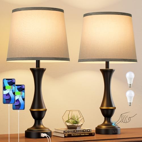 Touch Lamps for Nightstand, 3 Way Dimmable Lamps for Bedroom with USB C+A