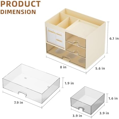 Marbrasse Desk Organizer with 3 Drawer, Multi-Functional Pencil Pen Holder for Desk, Desktop Organizer Storage for Office Home Art Supplies (Beige)