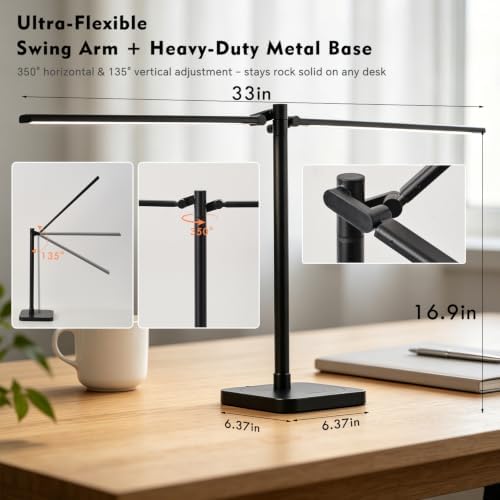 BOHON Desk Lamp for Home Office Dual Head 24W Swing Arm Task Lamp Black