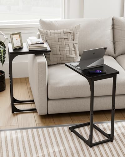 C-Shaped Side Table for Couch - Small Coffee Stand Sofa Tray Desk with Metal Frame and Waterproof Scratch Resistant, Modern End Accent for Living Room, Bedroom, Small Spaces, Black