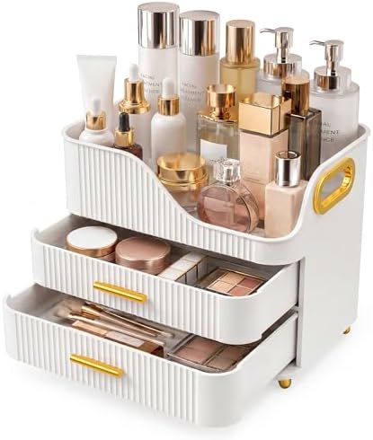 Booklov Large Makeup Organizer for Vanity, Bathroom Countertop, White
