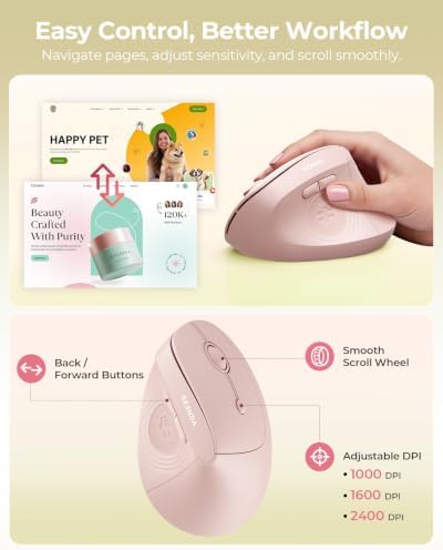 seenda Ergonomic Wireless Mouse, 52° Vertical Bluetooth Mouse,Light Pink