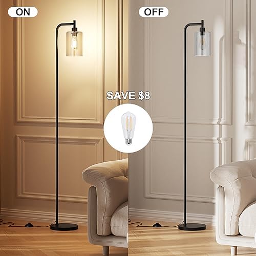 Ziisee Floor Lamps for Living Room - Standing Lamp with Grey Glass Shade, Modern Floor Lamp with LED Bulbs, Industrial Floor Lamp for Bedroom, Black Tall Lamp for Office(Light Bulb Included)