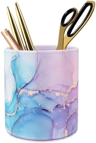 Large Capacity Colored Pen Holder for Desk, Leather Pencil Holder Pen Cup Marker Holder Makeup Brush Holders, Desk Accessories & Workspace Organizers for Home, Office, Pink Blue Marble