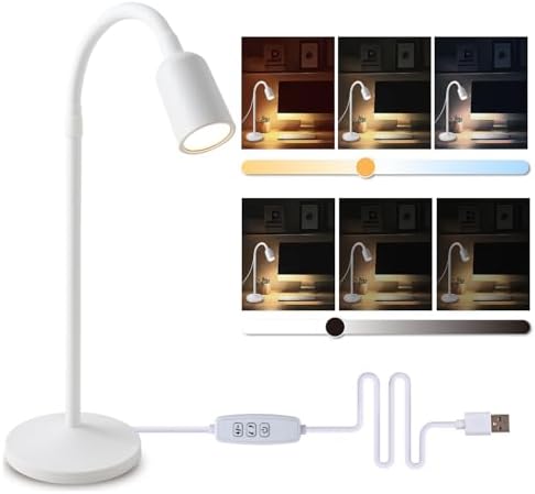 DAMI Dimmable LED Desk Lamp USB Powered, 3 Color Modes Flexible Gooseneck Reading Light, Eye-Caring Small Table Lamp for Home Office Study Bedroom Dorm Bedside - White