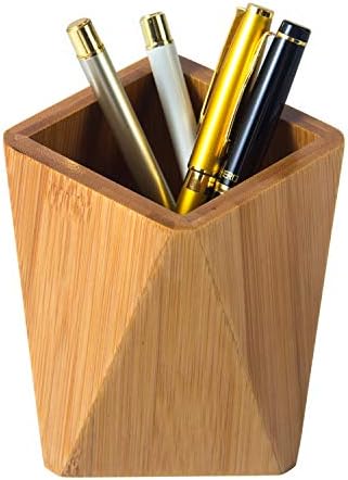 Bamboo Wood Pen Holder Stand for Desk Geometric Pencil Cup Pot Cute Desktop Office Supplies, Makeup Brushes Organizer (Bamboo)
