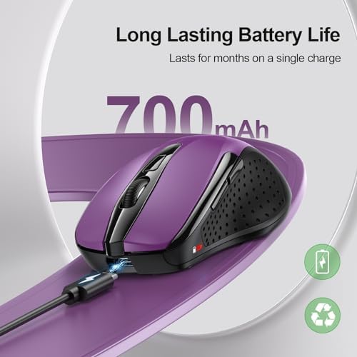 TECKNET Wireless Mouse, BT 5.0/2.4G, Rechargeable 6-DPI Silent, Purple
