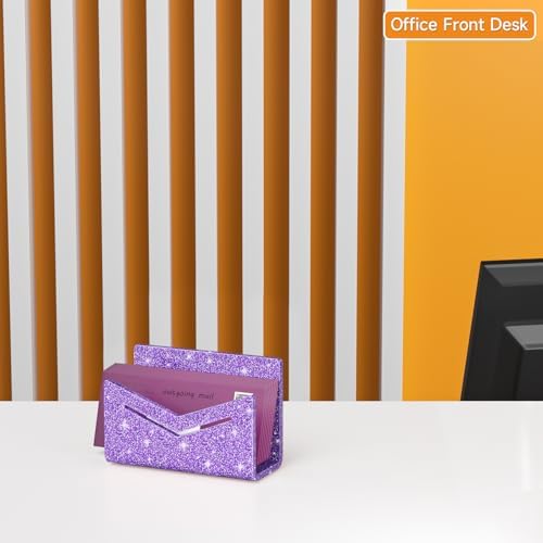 Beego Envelope and Mail Organizer Countertop - Glitter Purple Acrylic Desk Organizer Letter Holder Desktop File Sorter Bill Document Folder Rack for Office, Home, School Desk Organization