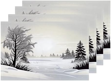 Shrahala Winter Landscape Set Of 4 12 X 18 Inch Linen Placemats , Grey And White Snow Fields Burlap Table Mat Washable Double Layered Heat Insulation For Indoor/Outdoor