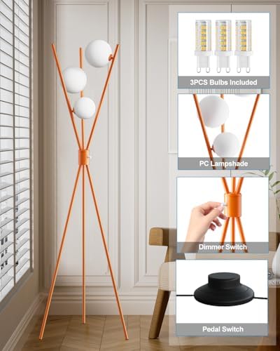 3 Globe Dimmable Tripod Floor Lamp, Mid Century Standing Lamps with 3Pcs 3000K Bulbs Included, Modern Tall Lamp for Living Room Bedroom Home Office Sofa Beside Corner Decor-Orange