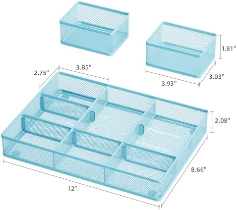 Marbrasse Mesh Desk Drawer Organizer Tray 3 Packs, Blue