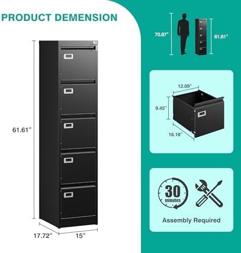 SISESOL 5 Drawer File Cabinet with Lock,Black Narrow Vertical File Cabinet Five Drawer,Tall Office Filing Cabinets,Metal Filing Cabinets for Home Office,Fit A4,Legal,Letter Size,-Assembly Required