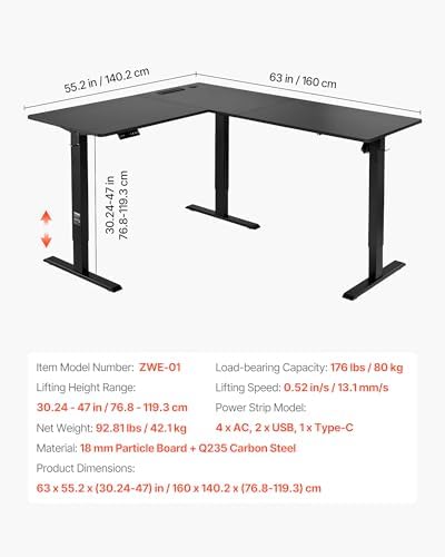 VEVOR L Shaped Standing Desk with Wheels, 63 x 55 inch 3-Level Height Adjustable Electric Corner Standing Desk with Power Outlet, Heavy Duty Carbon Steel Sit Stand Computer Table, Easy to Assemble