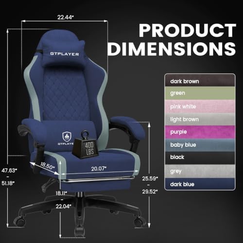 GTPLAYER Gaming Chair Fabric with Pocket Spring Cushion, Big and Tall Gamings Chairs 350LBS High Back Computer Chair with Footrest for Adults Lumbar Support Swivel Game Chair for Office Dark Blue