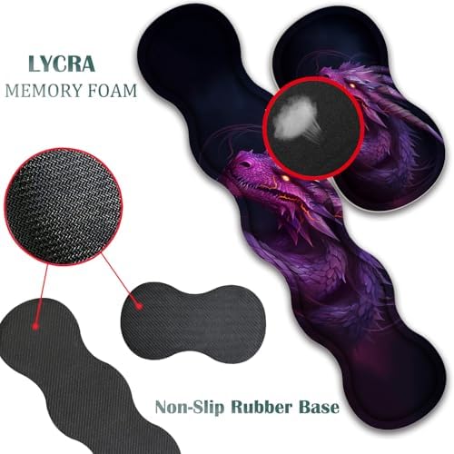 4 in 1 Mouse Pad Combo, Large Gaming Mouse Pad + Keyboard Wrist Support + Mouse Wrist Rest + Coaster, Table Pad 31.5 "x 11.8" with Memory Foam Ergonomic Wrist Pad Set, Flame Eyes Purple Dragon