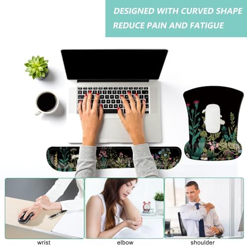Keyboard Wrist Rest Pad Mouse Pad with Wrist Support Set of 3, Gaming Mousepad with Non-Slip Rubber Base, Ergonomic Memory Foam Mouse Cushion Support for Home Office Laptop Computer, Flowers Grass