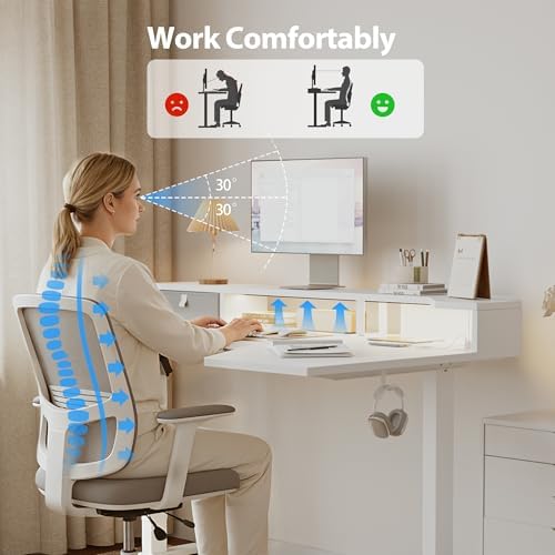 Agilestic 63*35 Inch L Shaped Standing Desk with Shelf & Led& Outlet, White