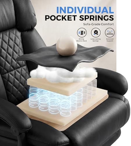 GTPLAYER Executive Office Chair Big and Tall Leather Gaming Chair with Pocket Spring Cushion & Ergonomic Lumbar Support for Lower Back Pain Relief, Comfy Desk Chair with Footrest, Matte-Black