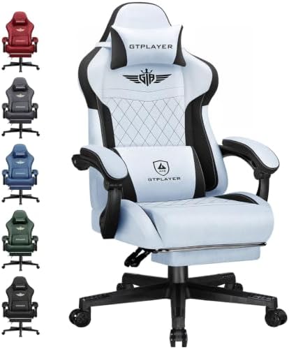 GTPLAYER Gaming Chair Fabric with Pocket Spring Cushion, High Back Ergonomic Computer Chair with Footrest for Adults Lumbar Support Swivel Game Chair for Office Gaming 350LBS, Light Blue