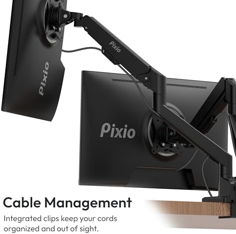Pixio PS1D Wave Black Dual Monitor Arm Stand Desk Mount - Fits up to 32 inches Monitors and up to 19.8lbs. VESA Compatibility and Integrated Cable Management