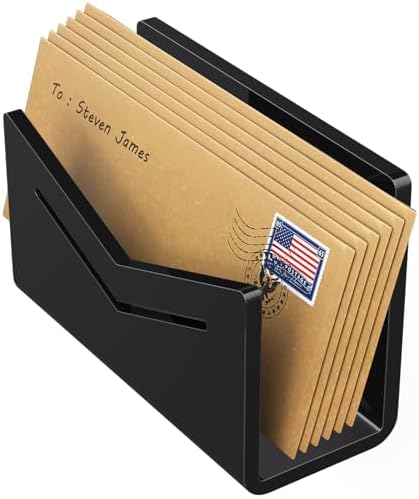 Beego Envelope and Mail Organizer Countertop - Black Acrylic Desk Organizer Letter Holder Desktop File Sorter Bill Document Folder Rack for Office, Home, School Desk Organization
