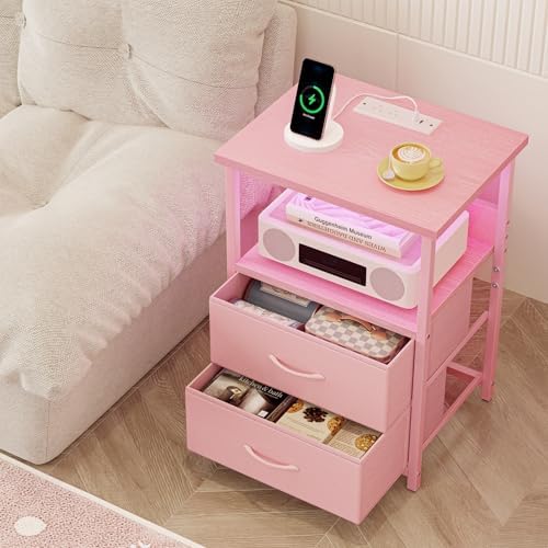 Fixwal Night Stand with Charging Station, Led Nightstand, Pink, 2 Drawers