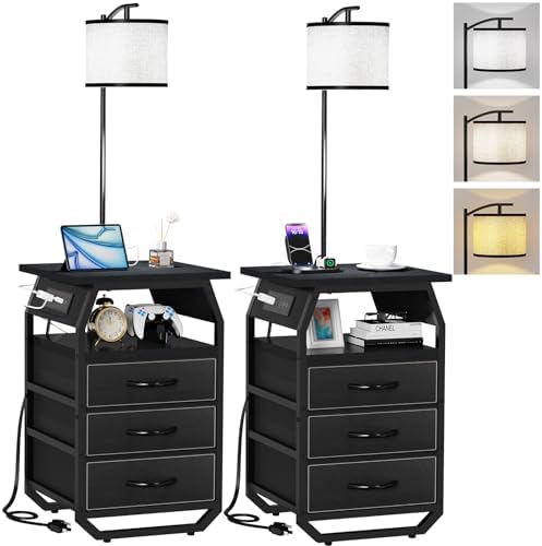 runjuly Floor Lamp with Table Set 2, End Table with Light & Charging, Black
