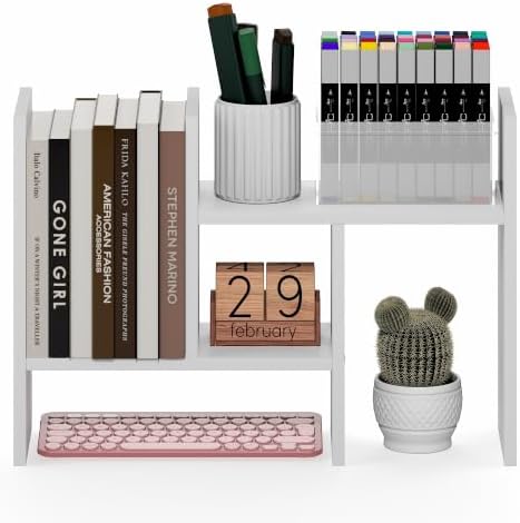 Furinno Classic Desk Organizer, Adjustable Desk Top Book Shelf, White